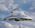 a friendly, silver, sixties-looking spaceship in a cloudy sky