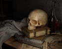 a human skull atop a pile of thick old-fashioned books in a dark, dusty room